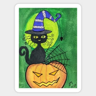 Black cat in purple witch hat on Jack o lantern gouache painting Sticker